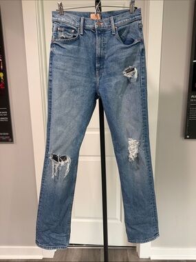 MOTHER Straight Leg Distressed Blue Jeans